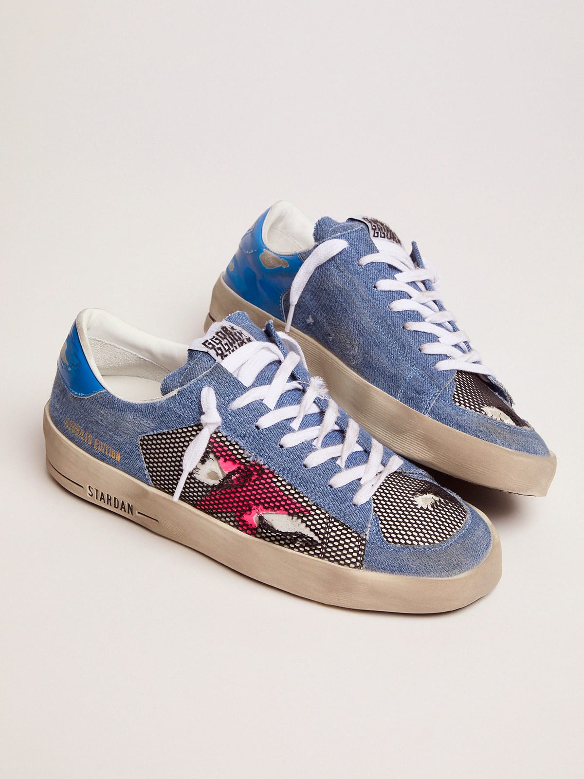 Women | Limited Edition Lab Denim Stardan Sneakers with Fuchsia Star | White x Black x Pink Fluo x Bluette