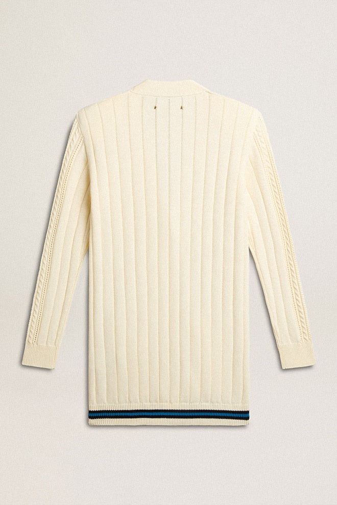 Women | Long Cotton Cardigan Aged White | Heritage White x Blue - Image 2