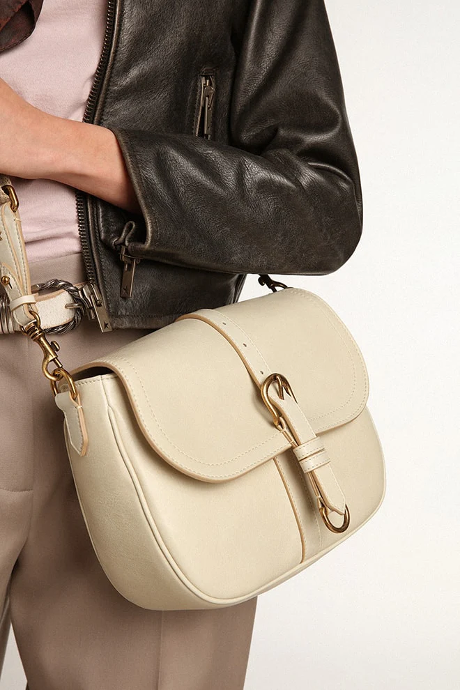 Women | Medium Sally Bag Porcelain Leather with Buckle & Contrasting Shoulder Strap | Porcelain - Image 3