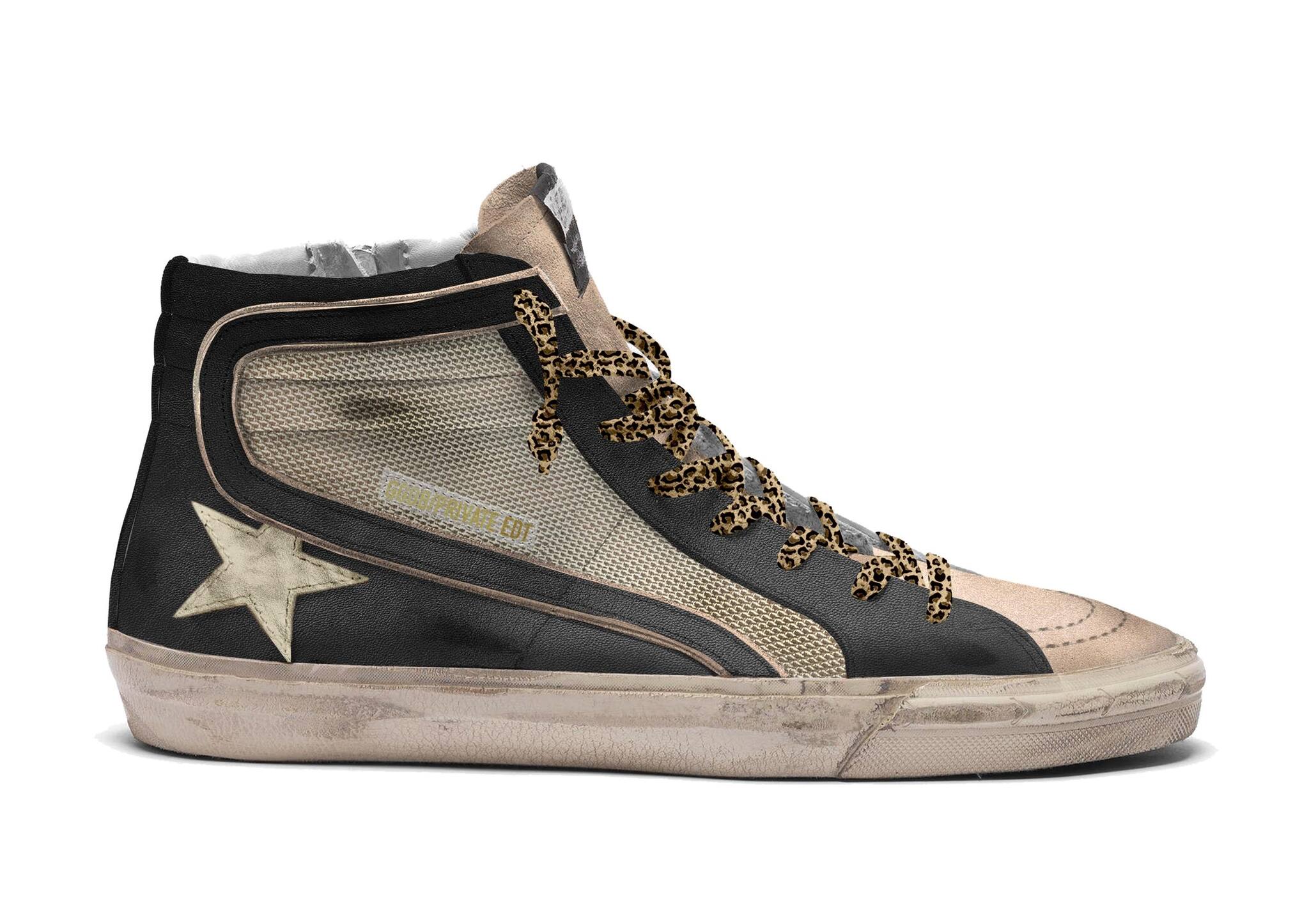 Women | Mesh & Black Leather Slide with Gold Star | Beige x Black x Nougat x Gold