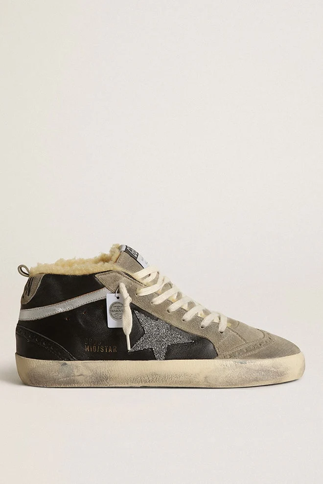 Women | Mid Star Black Nappa Leather with Swarovski Crystal Star & Beige Shearling Lining | Black x Ice x Silver