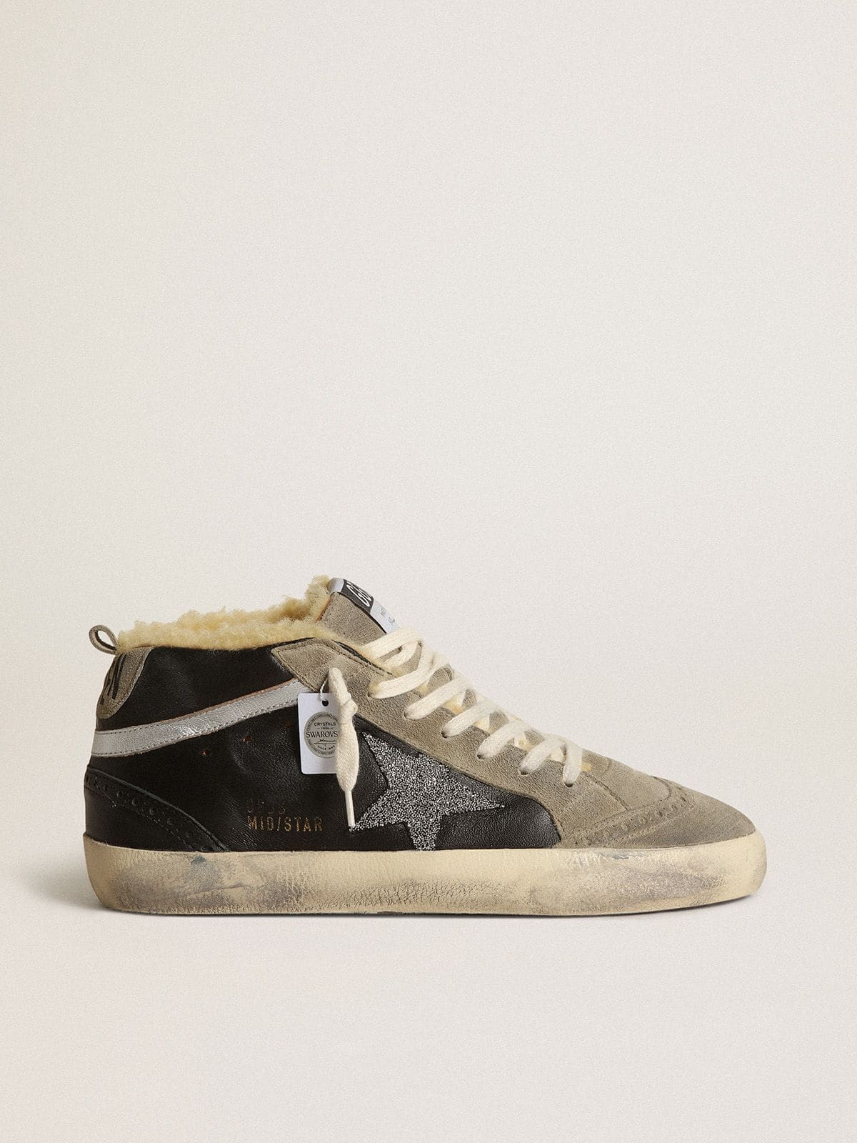 Women | Mid Star Black Nappa Leather with Swarovski Crystal Star & Beige Shearling Lining | Black x Ice x Silver - Image 6