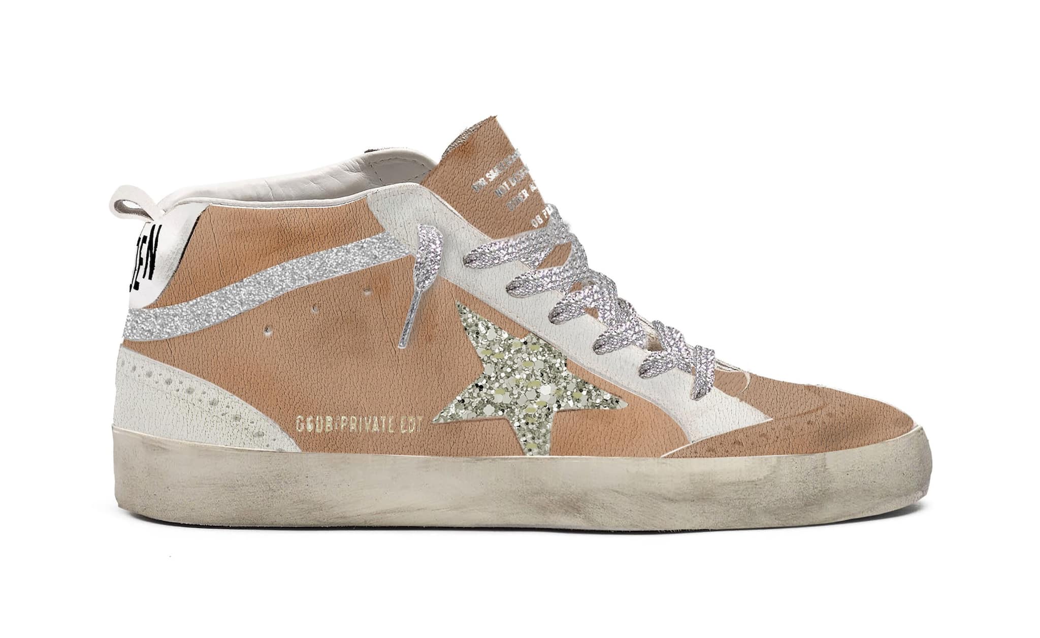 Women | Mid Star Brown Leather with Glitter Star | Beige x Platinum x White x Silver