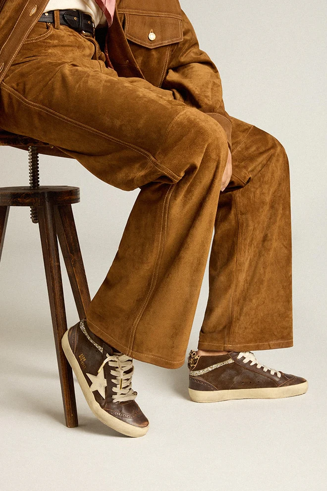 Women | Mid-Star Brown Leather with Leopard Print Pony Skin Heel Tab | Brown x White x Silver - Image 4