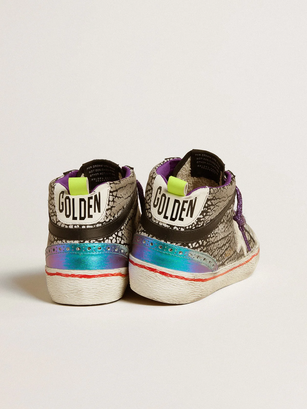 Women | Mid Star Lab Animal-Print Leather with A White Star | Black x White x Iridescent Light Blue x Yellow x Purple - Image 2