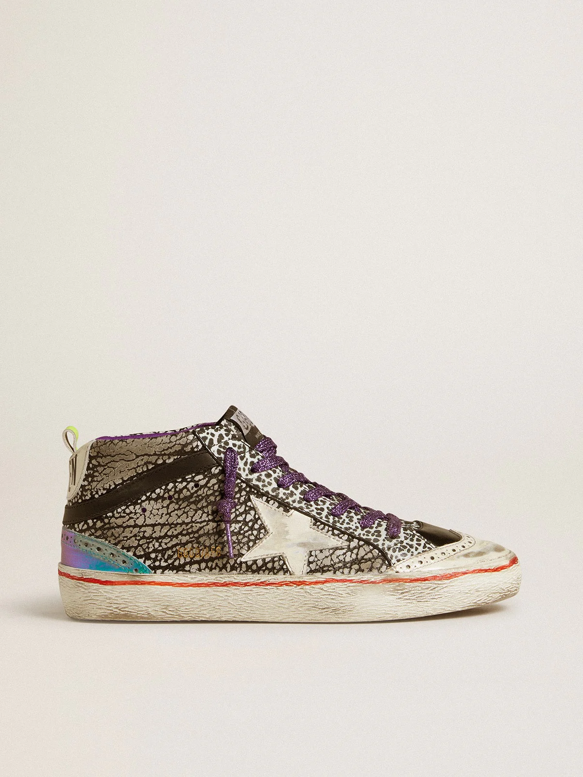 Women | Mid Star Lab Animal-Print Leather with A White Star | Black x White x Iridescent Light Blue x Yellow x Purple - Image 3