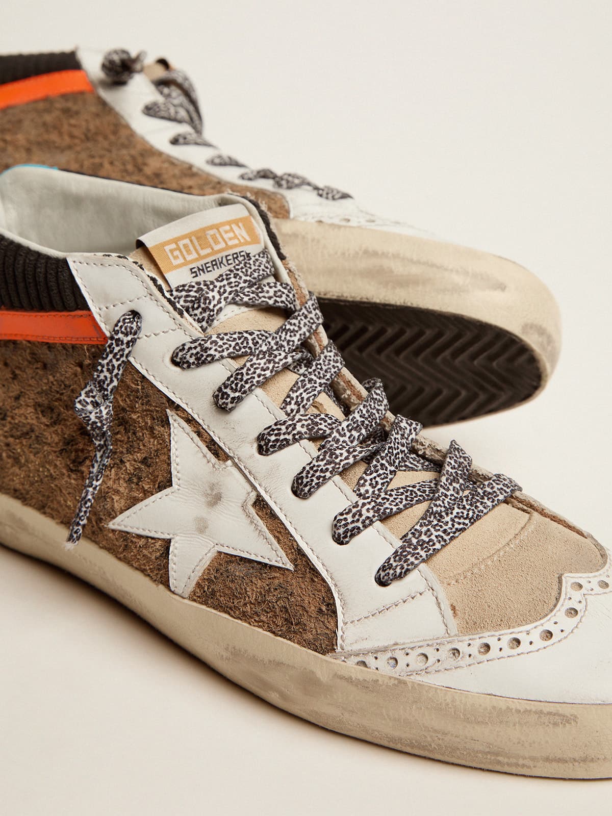 Women | Mid Star Ltd Sneakers with Leopard-Print & Corduroy Suede Upper | Beige Brown Leo x Black x White x Beige x Cyan Blue