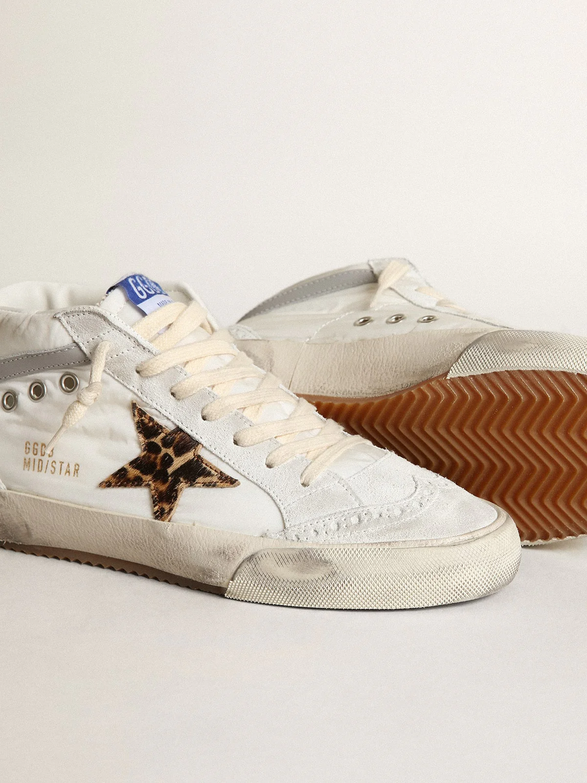 Women | Mid Star Ltd White Nylon with Leopard Print Pony Skin Star | White x Beige Brown Leo x Light Grey x Pink