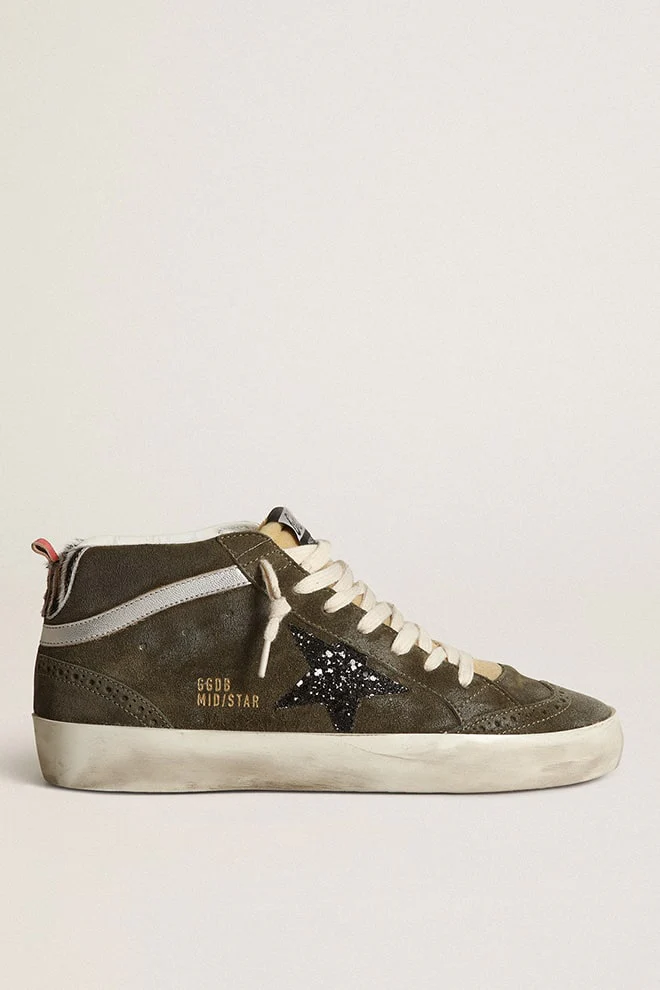 Women | Mid-Star Olive-Green Suede with Black Glitter Star & Pony Skin Heel Tab | Olive Green x Yellow x Black x Zebra x Silver