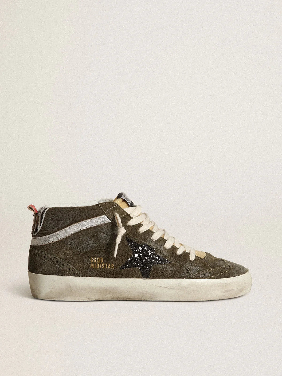 Women | Mid-Star Olive-Green Suede with Black Glitter Star & Pony Skin Heel Tab | Olive Green x Yellow x Black x Zebra x Silver - Image 2