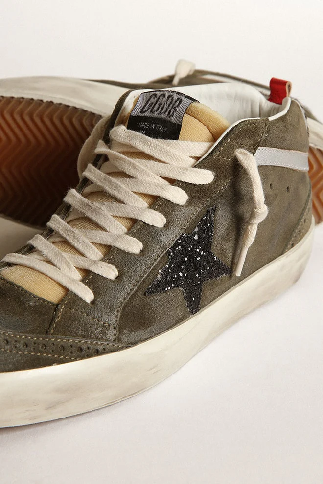 Women | Mid-Star Olive-Green Suede with Black Glitter Star & Pony Skin Heel Tab | Olive Green x Yellow x Black x Zebra x Silver - Image 4