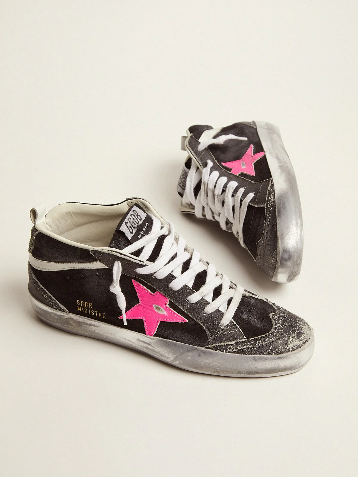 Women | Mid Star Sneakers Black Suede with Crackle Leather Details | Black x Pink Fluo x White - Image 8