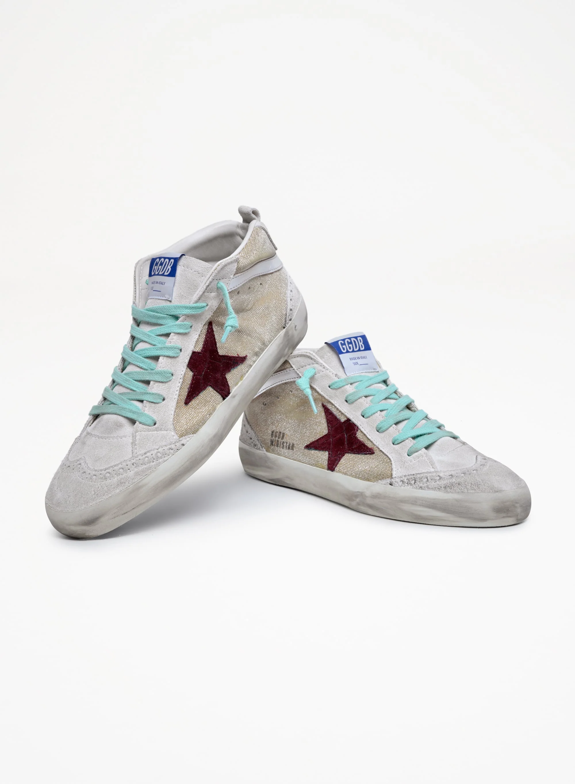 Women | Mid Star Sneakers Gold Suede with Red Cocco Print Leather Star & Laminated Wave | Gold x Ice x Brown x Silver