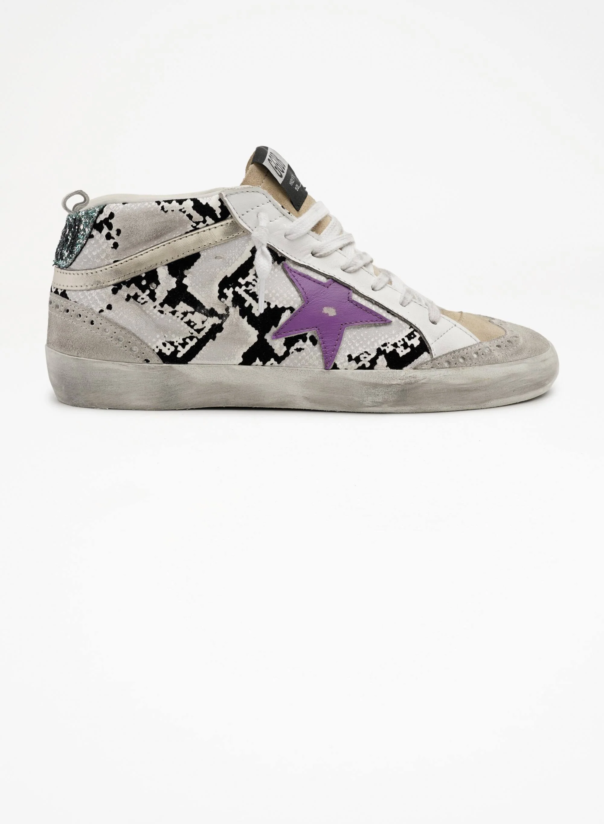 Women | Mid Star Sneakers Snake Print Leather with Purple Star | Grey Phyton x Ice x Cappuccino x Purple x Platinum