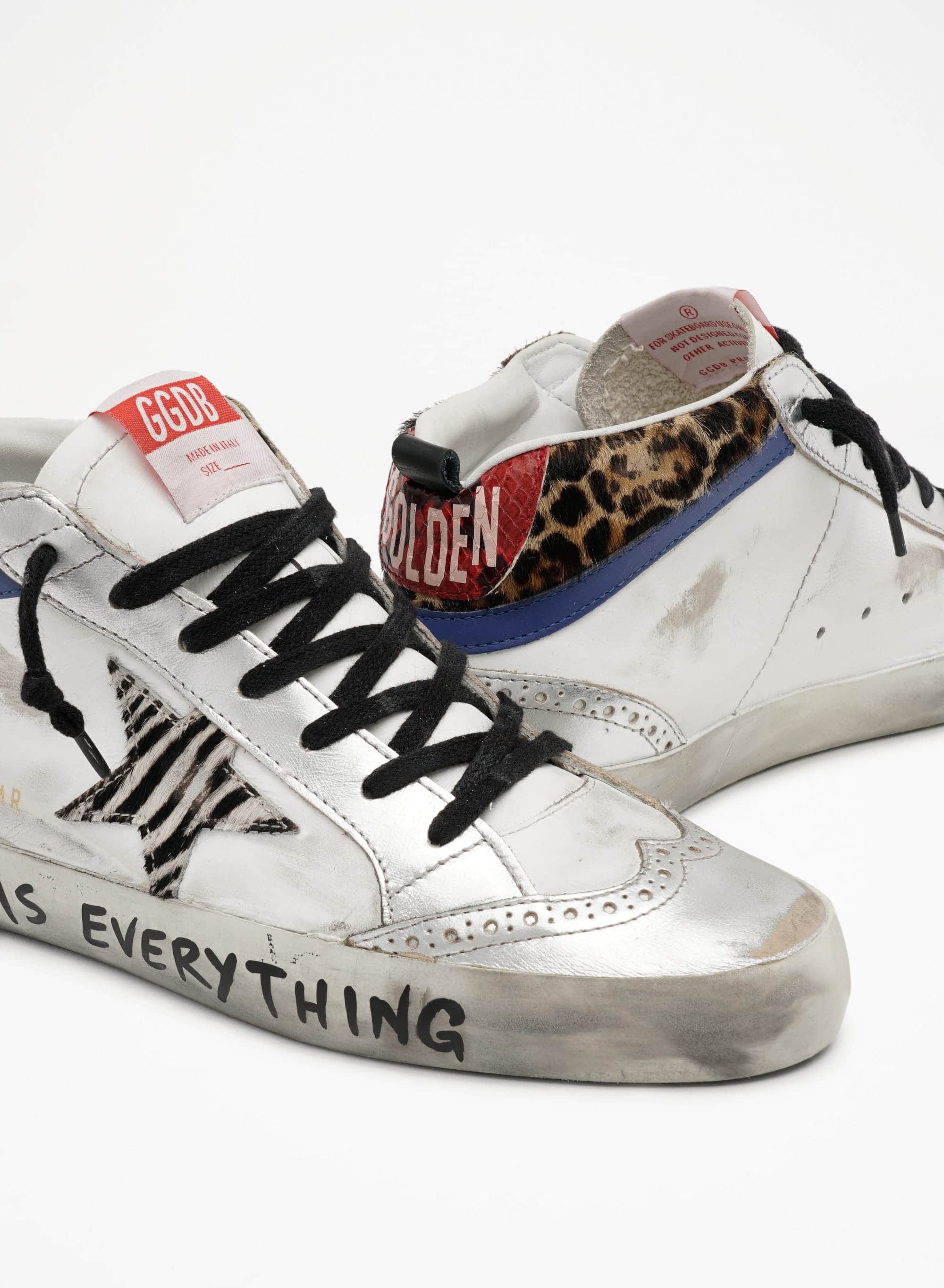 Women | Mid Star Sneakers with Animal-Print Details & Handwritten Lettering | White x Silver x Black Zebra x Bluette - Image 5