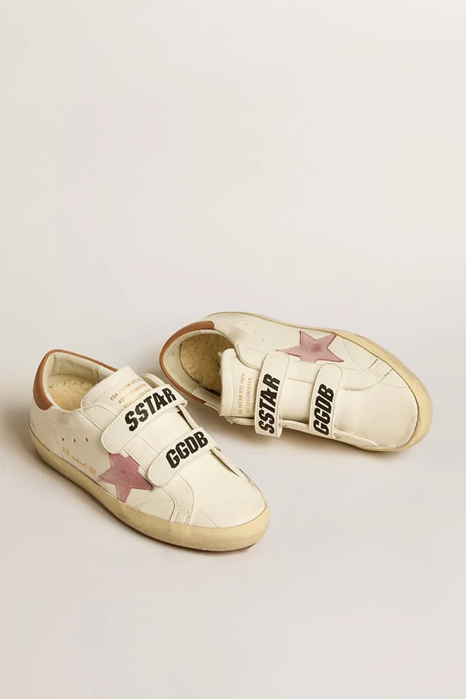 Women | Old School Nappa Leather with Pink Leather Star & Beige Shearling Lining | White x Pink x Light Brown - Image 3