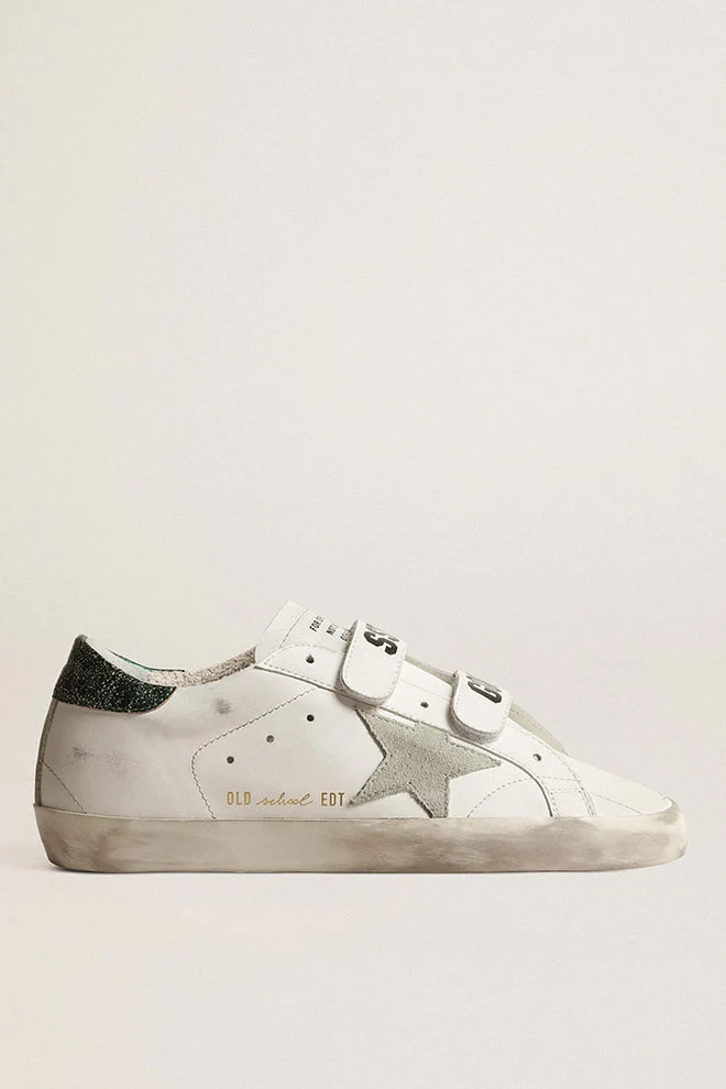 Women | Old School Sneakers White Leather with Suede Star & Emerald Green Heel | White x Ice x Emerald Green