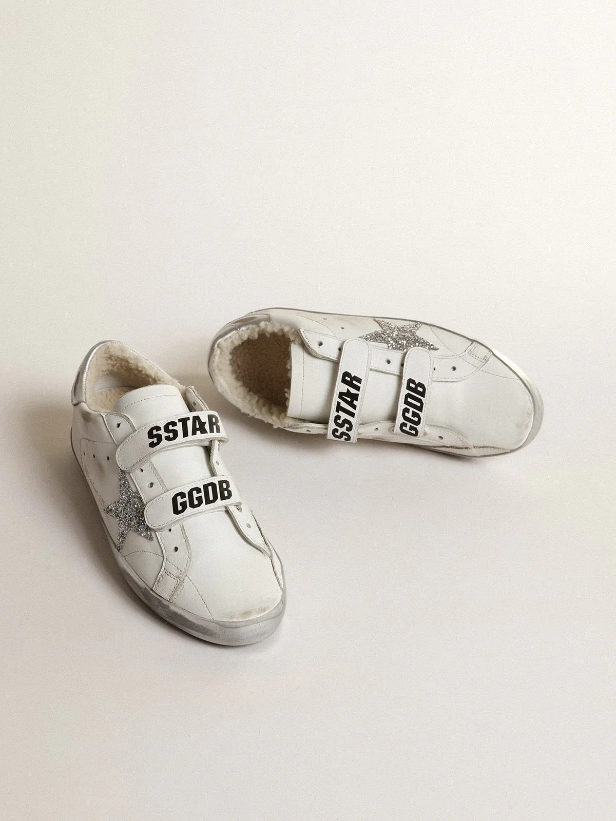 Women | Old School Sneakers with Shearling Lining & Glittering Star | White x Silver x Beige - Image 2