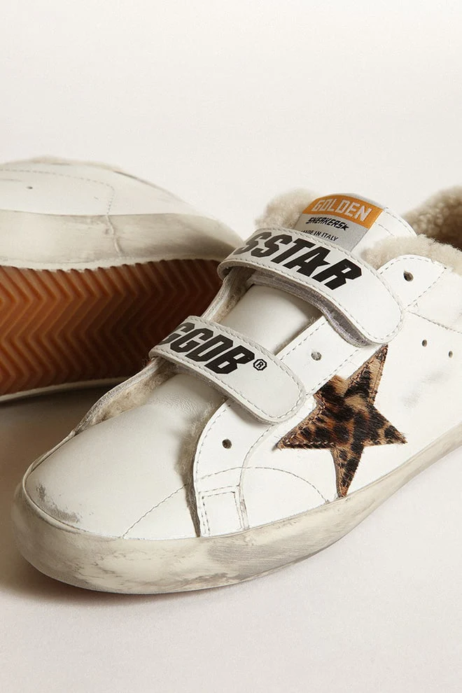 Women | Old School with Leopard Pony Skin Star & Beige Shearling Lining | White x Beige Brown Leo x Silver x Beige