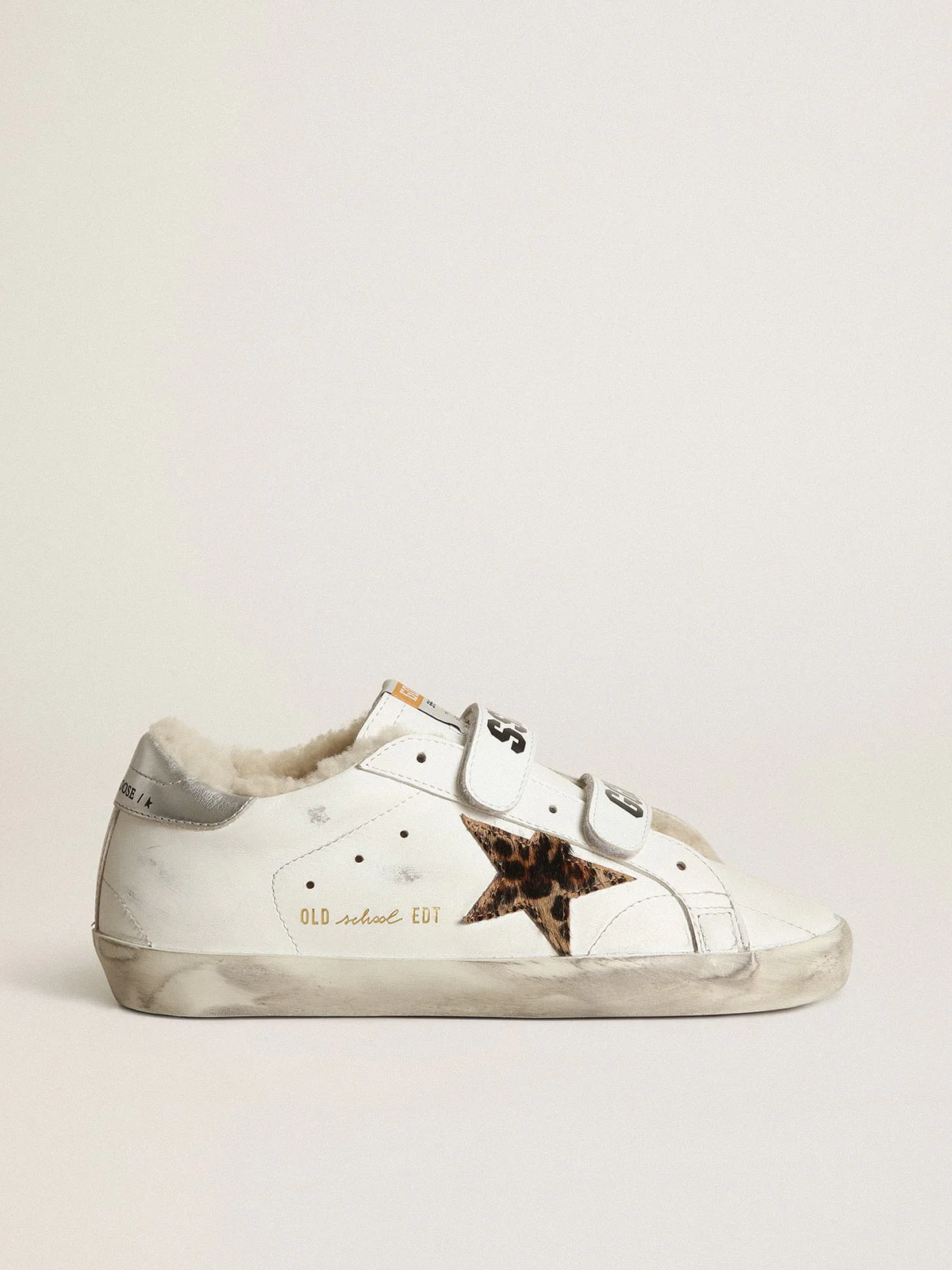 Women | Old School with Leopard Pony Skin Star & Beige Shearling Lining | White x Beige Brown Leo x Silver x Beige - Image 2