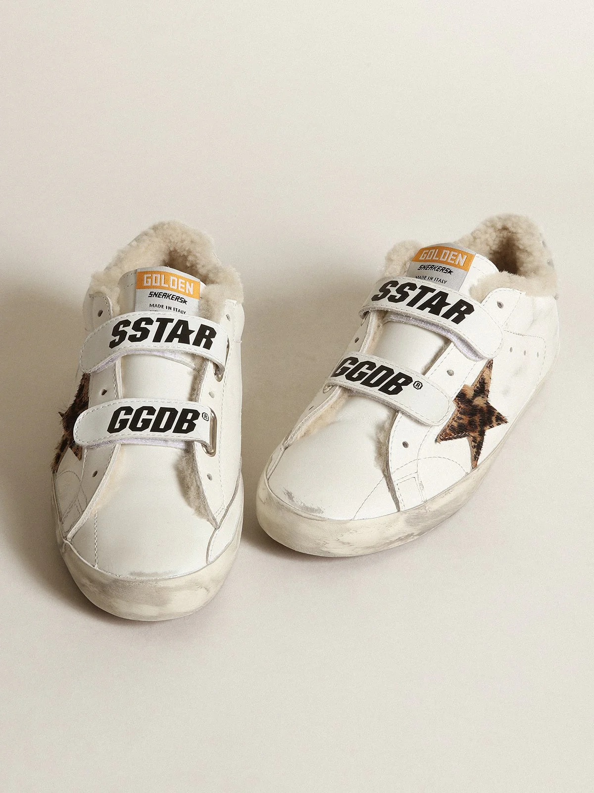 Women | Old School with Leopard Pony Skin Star & Beige Shearling Lining | White x Beige Brown Leo x Silver x Beige - Image 4