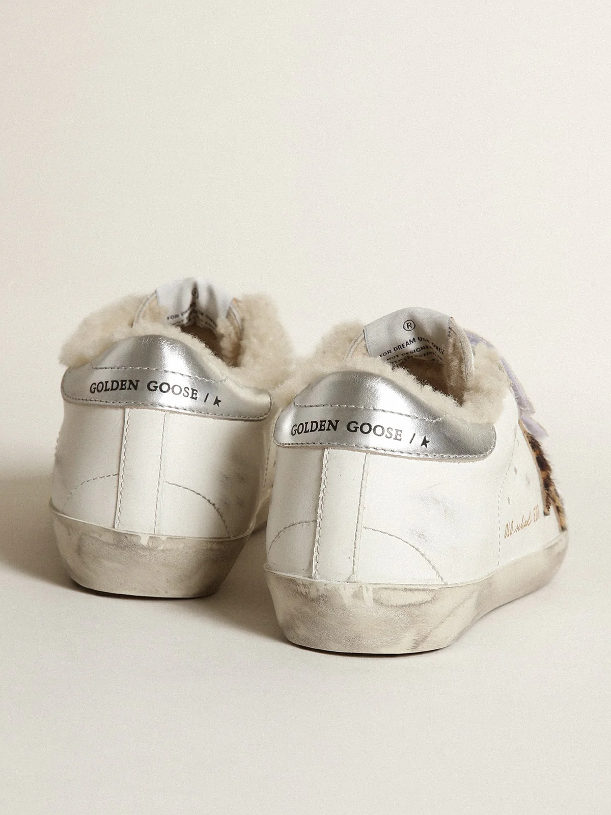Women | Old School with Leopard Pony Skin Star & Beige Shearling Lining | White x Beige Brown Leo x Silver x Beige - Image 5