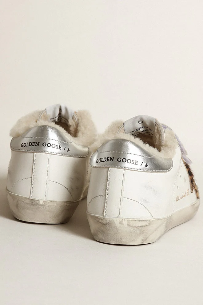 Women | Old School with Leopard Pony Skin Star & Beige Shearling Lining | White x Beige Brown Leo x Silver x Beige - Image 6