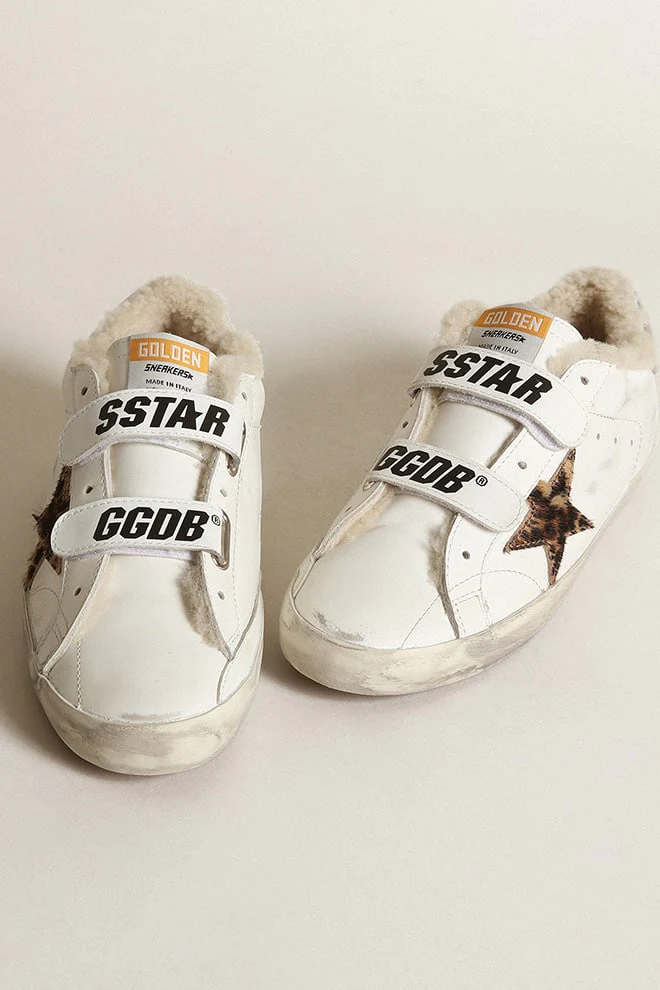 Women | Old School with Leopard Pony Skin Star & Beige Shearling Lining | White x Beige Brown Leo x Silver x Beige - Image 7