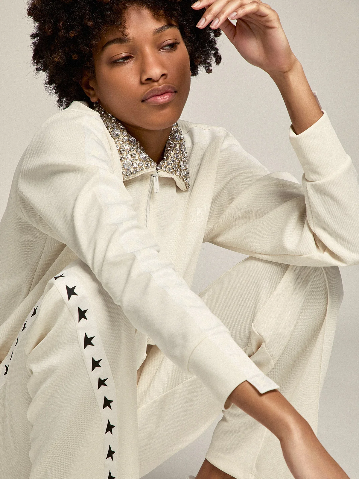 Women | Papyrus-White Zipped Sweatshirt with Crystal Collar | Papyrus x Cristal - Image 3