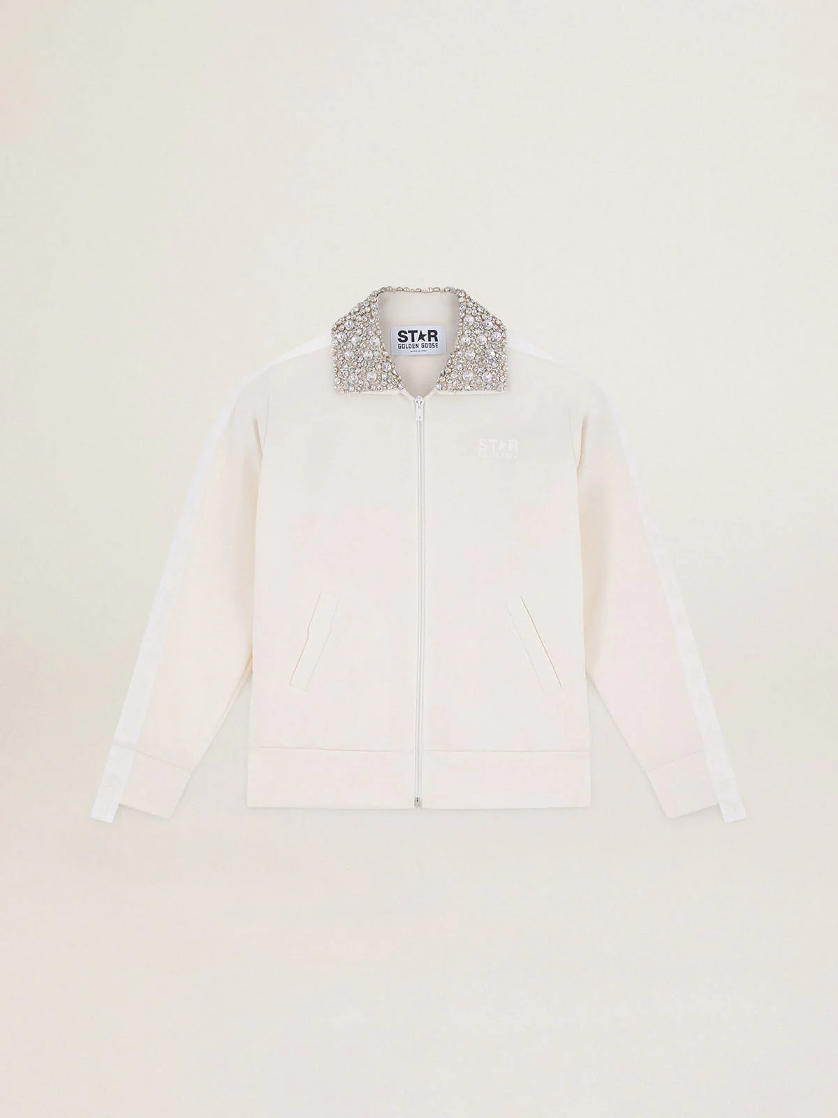 Women | Papyrus-White Zipped Sweatshirt with Crystal Collar | Papyrus x Cristal - Image 4