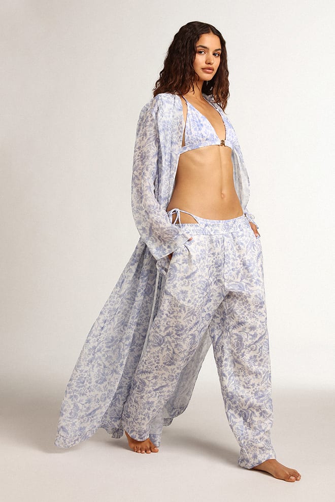 Women | Resort Collection Linen Blend Kaftan Dress with Mediterranean Blue Print | Mediterranian Blue - Image 5