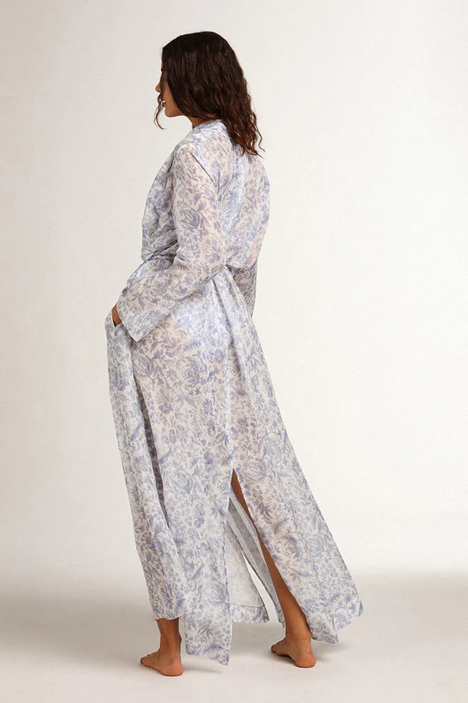 Women | Resort Collection Linen Blend Kaftan Dress with Mediterranean Blue Print | Mediterranian Blue - Image 7