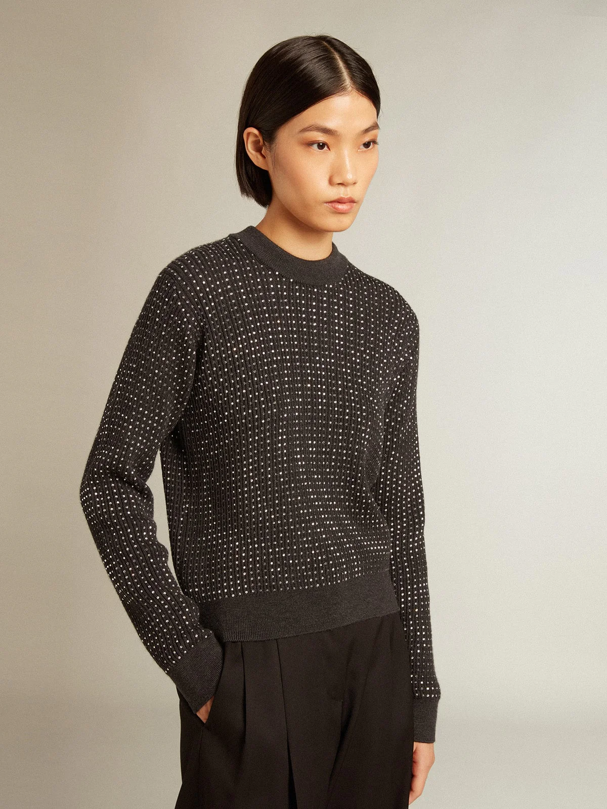 Women | Round-Neck Sweater Merino Wool with All-Over Crystals | Dark Melange Grey - Image 6