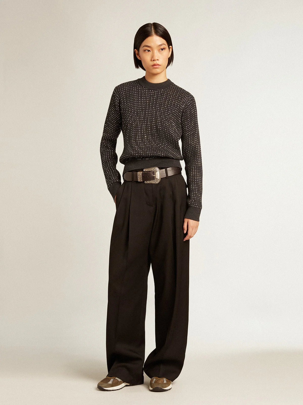 Women | Round-Neck Sweater Merino Wool with All-Over Crystals | Dark Melange Grey - Image 7
