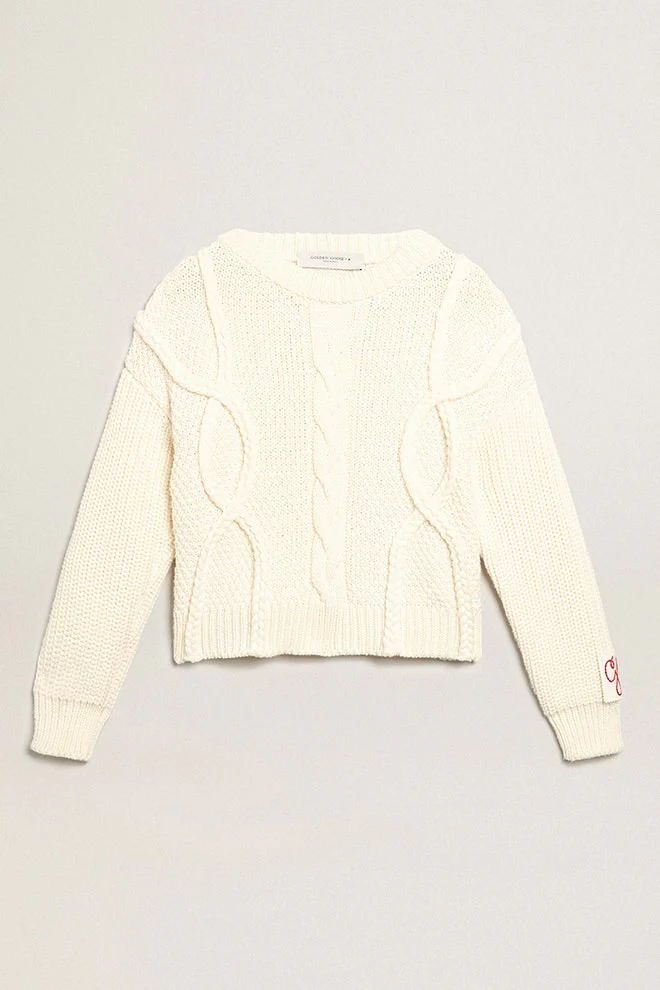 Women | Round-Neck Sweater Wool with Braided Motif | Natural White
