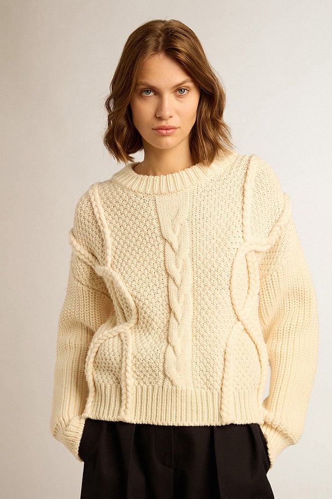 Women | Round-Neck Sweater Wool with Braided Motif | Natural White - Image 12