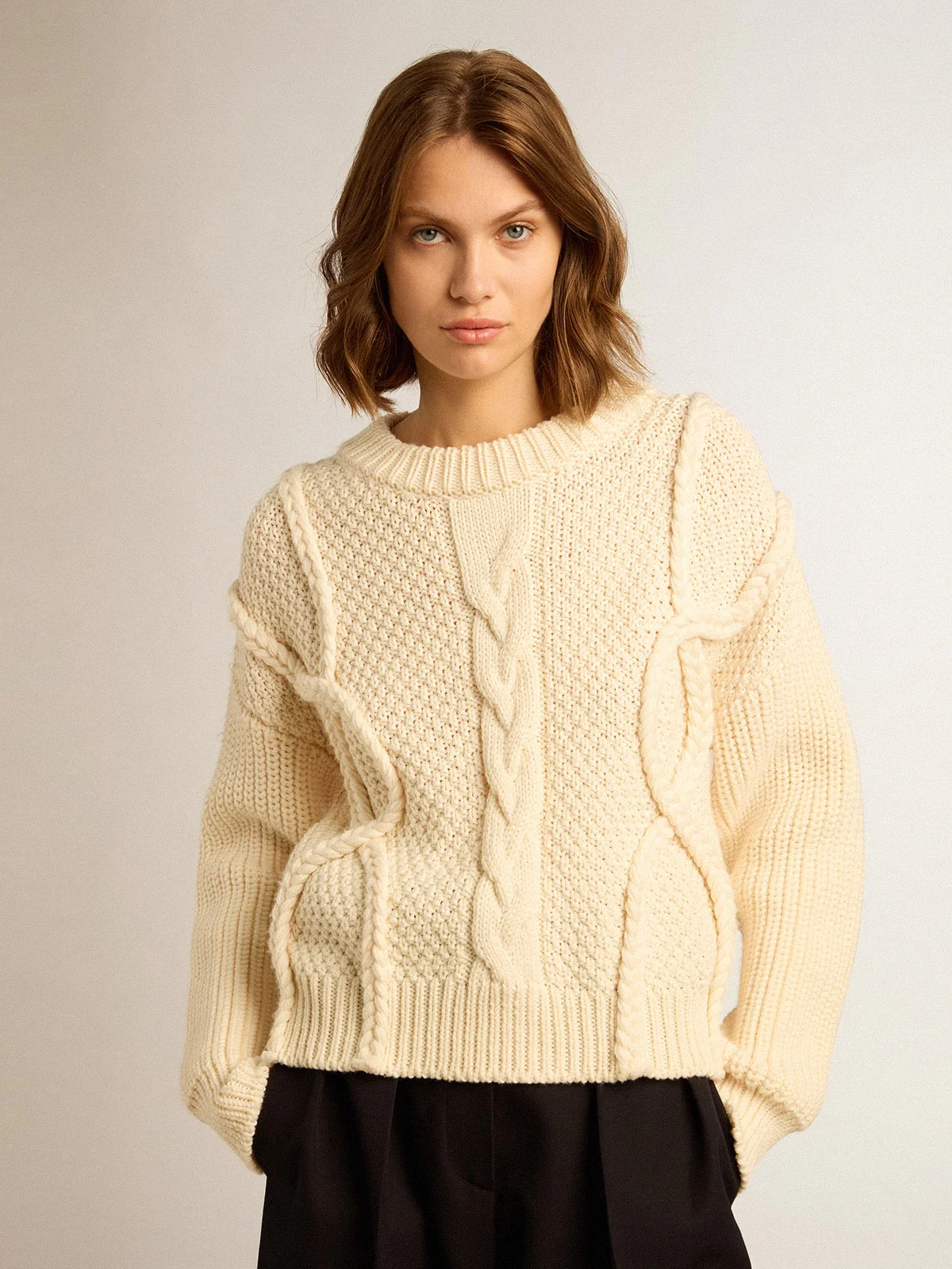Women | Round-Neck Sweater Wool with Braided Motif | Natural White - Image 5