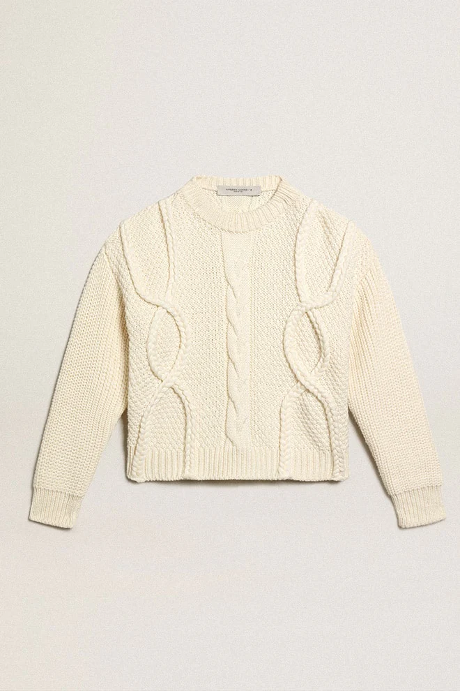 Women | Round-Neck Sweater Wool with Braided Motif | Natural White - Image 9