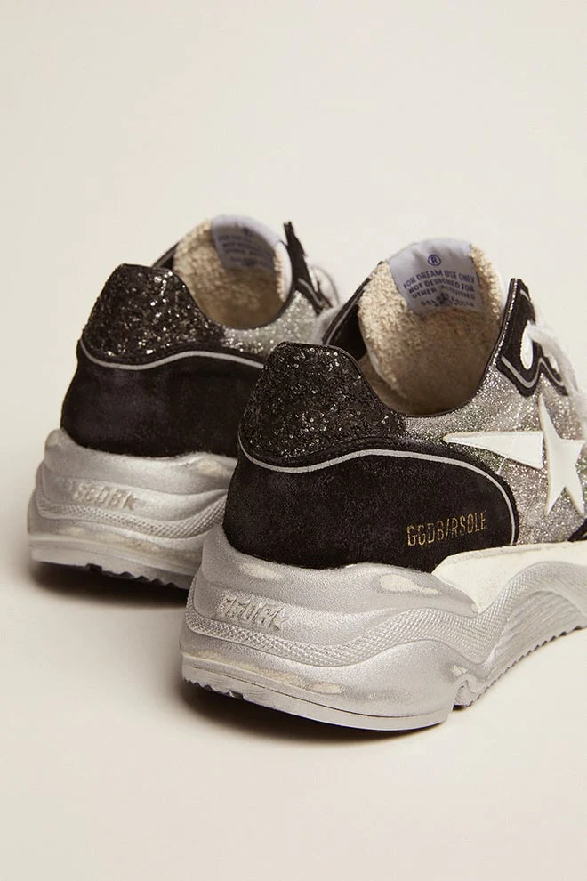 Women | Running Sole Black Leather with White Star & Glitter Details | Green Camouflage x Black x White x Silver - Image 5