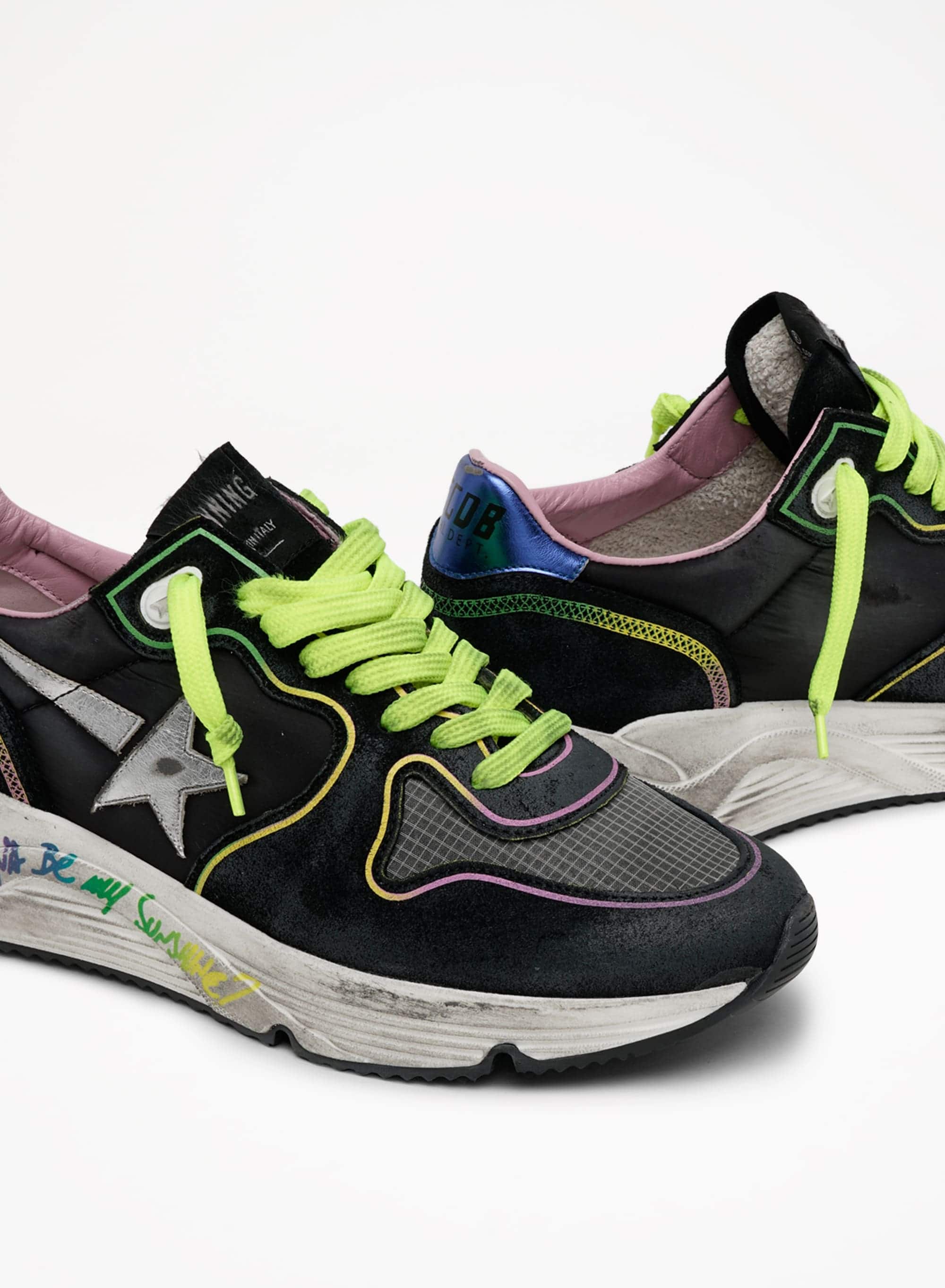 Women | Running Sole Black Sneakers with Silver Star & Rainbow Details | Black x Silver x Blue x Rainbow