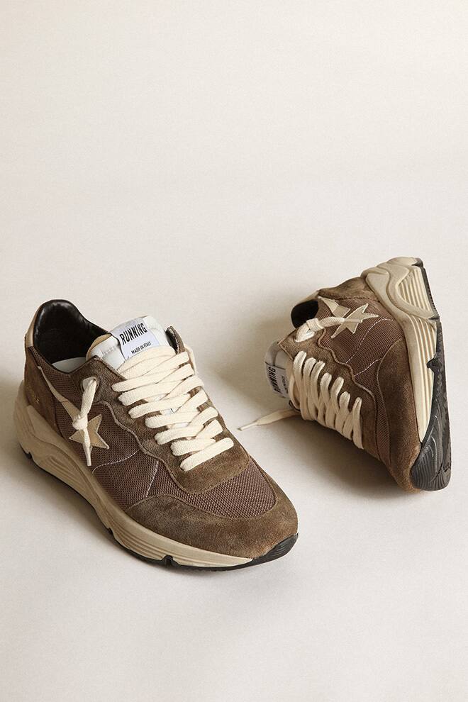 Women | Running Sole Brown Mesh & Suede with Beige Star | Olive Green x Cream - Image 5