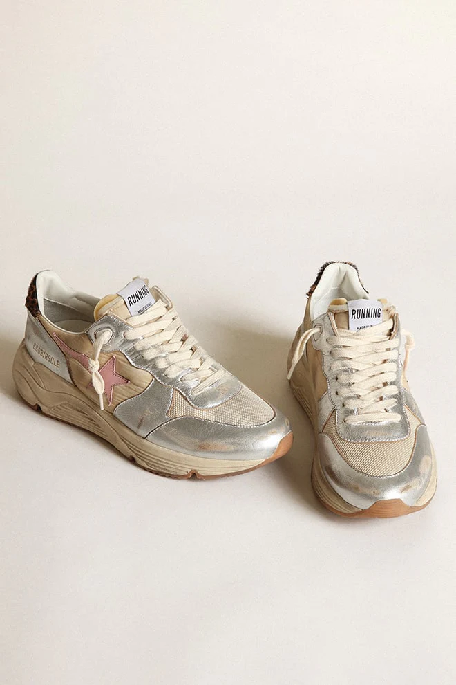 Women | Running Sole Silver Leather with Beige Brown Black Leo Heel Tab & Pink Star | Beige x Silver x Cream x Antique Pink x Beige Brown Black Leo - Image 2
