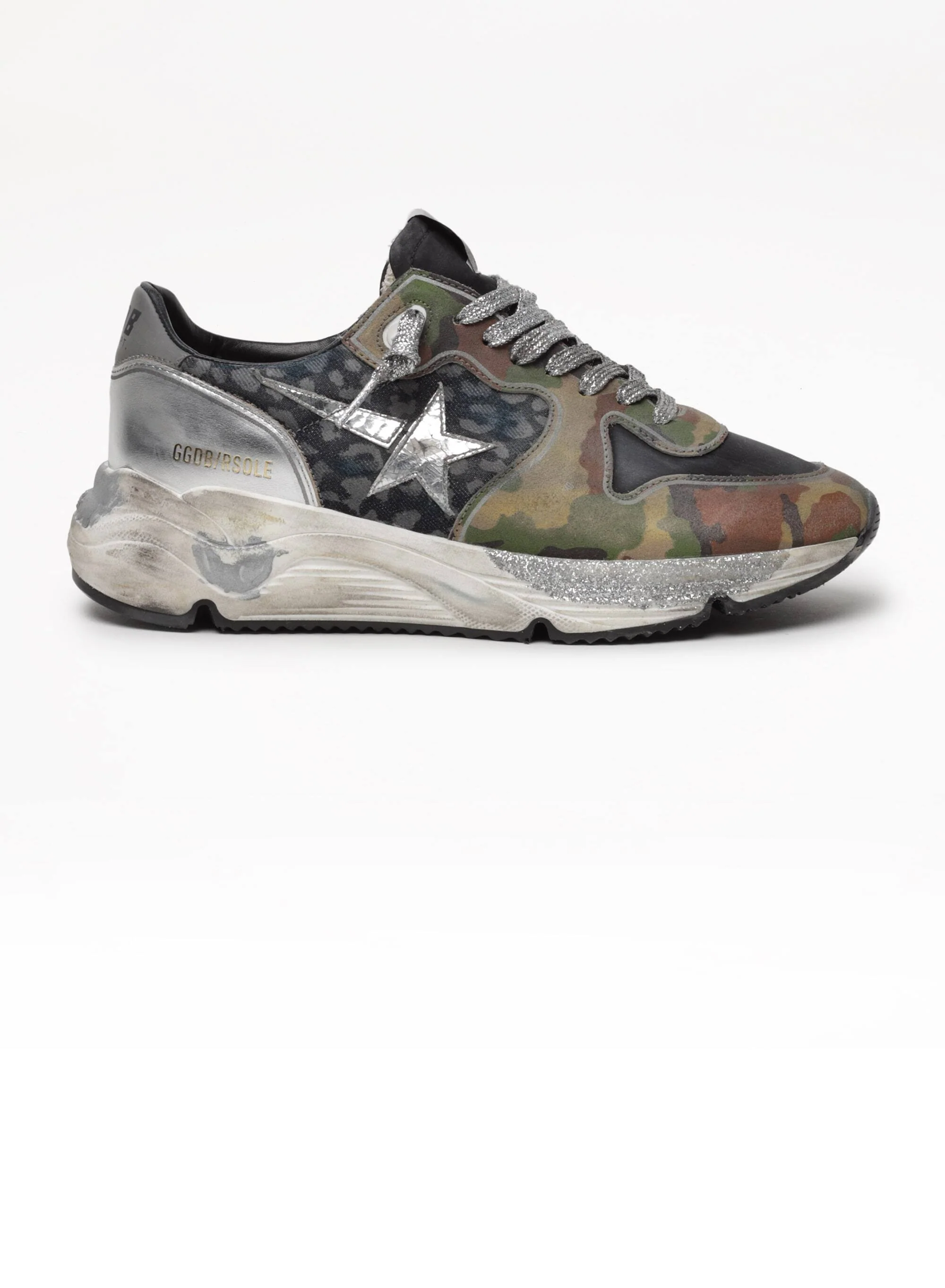 Women | Running Sole Sneakers Leopard & Mimetic Print with Laminated Silver Star | Indaco Reflex Leo x Camouflage x Black x Silver