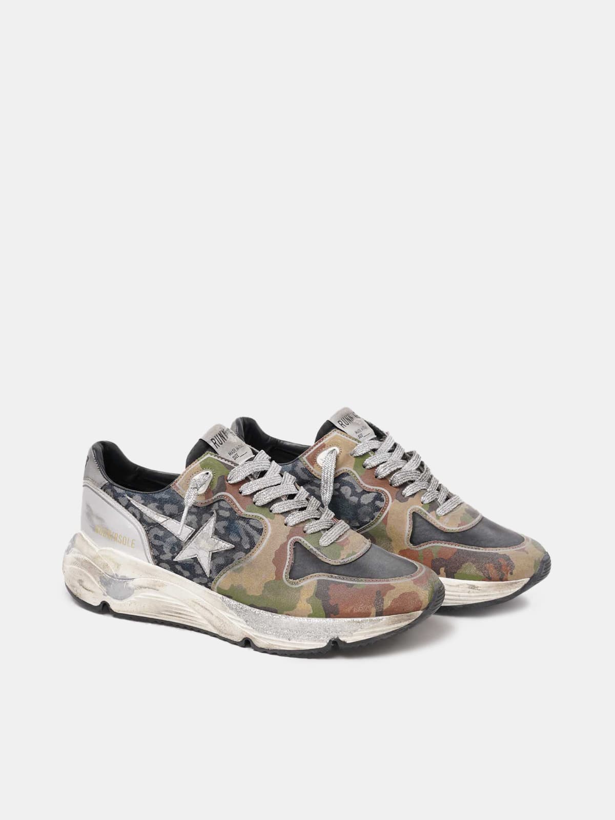 Women | Running Sole Sneakers Leopard & Mimetic Print with Laminated Silver Star | Indaco Reflex Leo x Camouflage x Black x Silver - Image 2