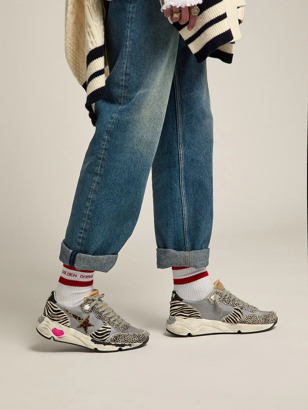 Women | Running Sole Sneakers Mesh & Animal-Print Pony Skin | Light Grey x White Black x Leo - Image 5