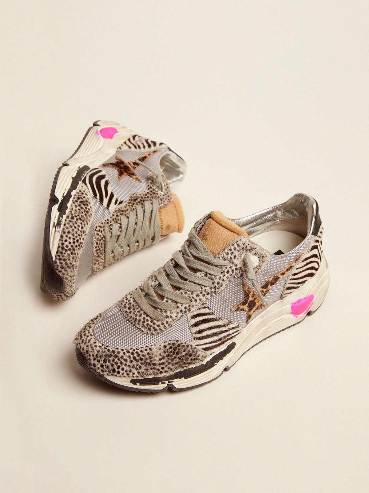 Women | Running Sole Sneakers Mesh & Animal-Print Pony Skin | Light Grey x White Black x Leo - Image 7