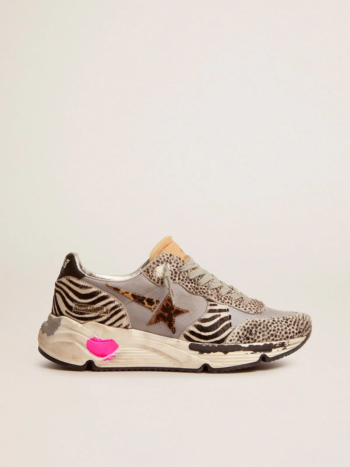 Women | Running Sole Sneakers Mesh & Animal-Print Pony Skin | Light Grey x White Black x Leo - Image 8