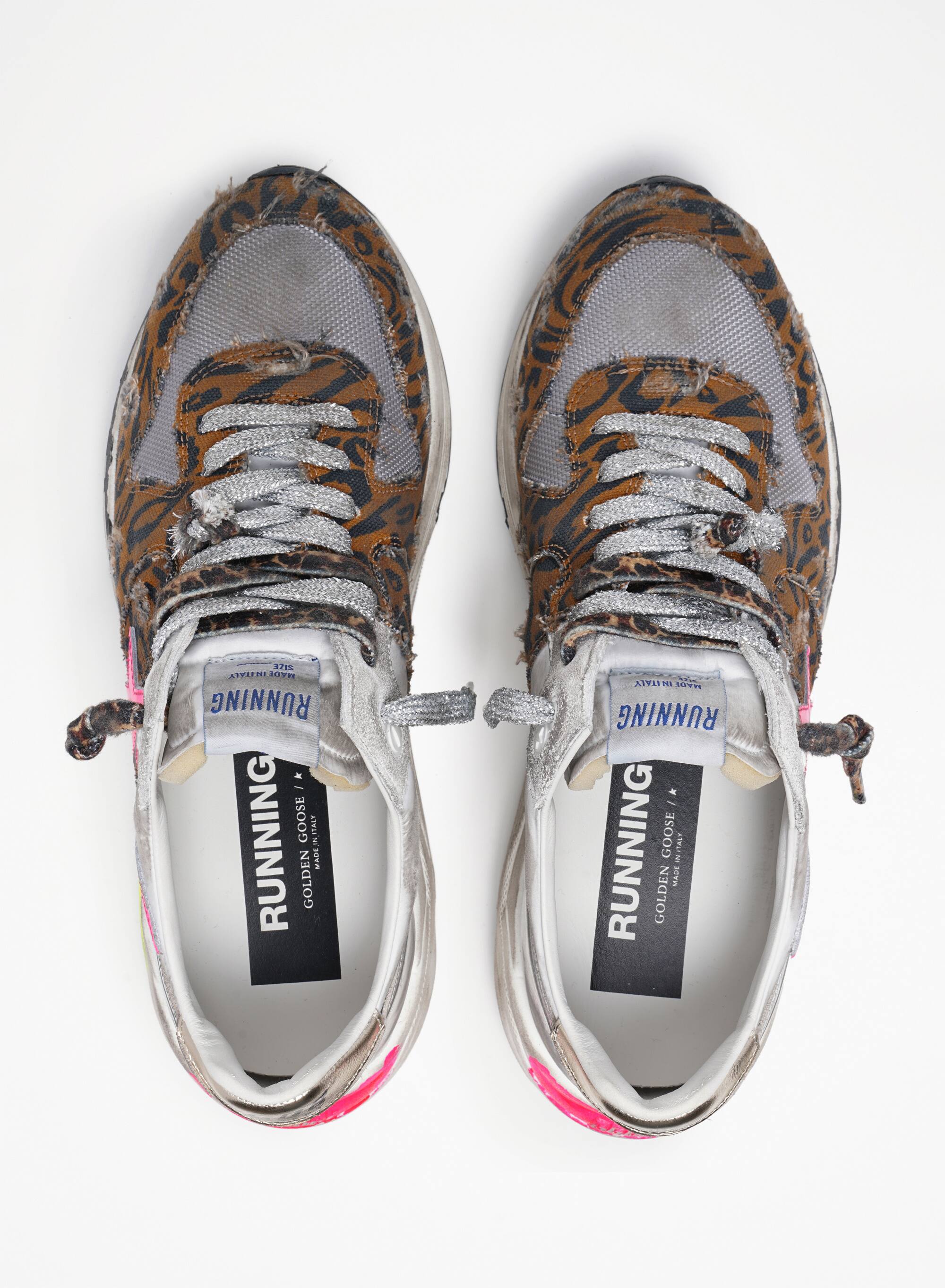 Women | Running Sole Sneakers Silver Leather & Leopard Print with Fluorescent Pink Star | White x Brown Black Leo x Fluo Fuxia x Silver x Platinum