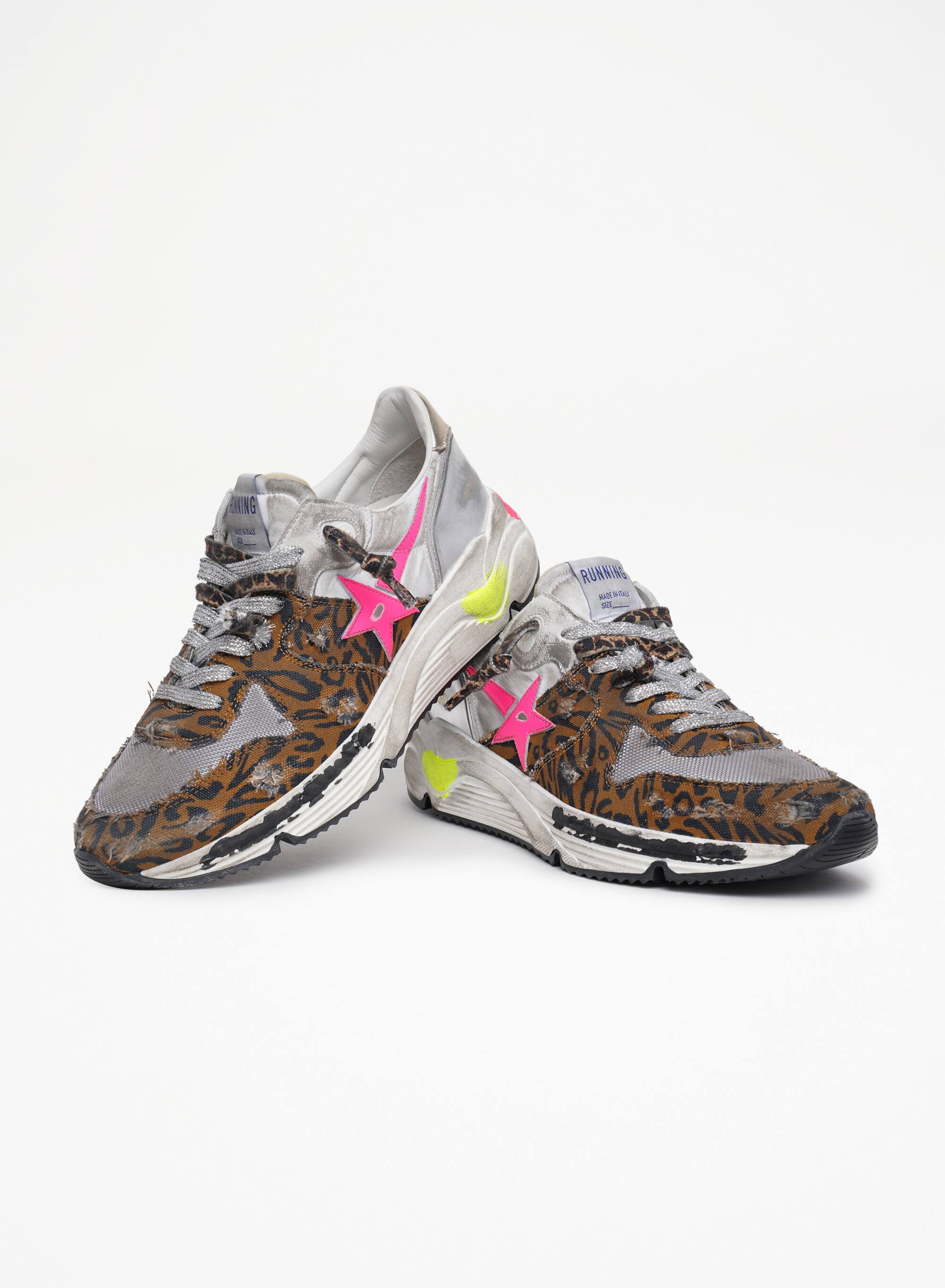 Women | Running Sole Sneakers Silver Leather & Leopard Print with Fluorescent Pink Star | White x Brown Black Leo x Fluo Fuxia x Silver x Platinum - Image 3