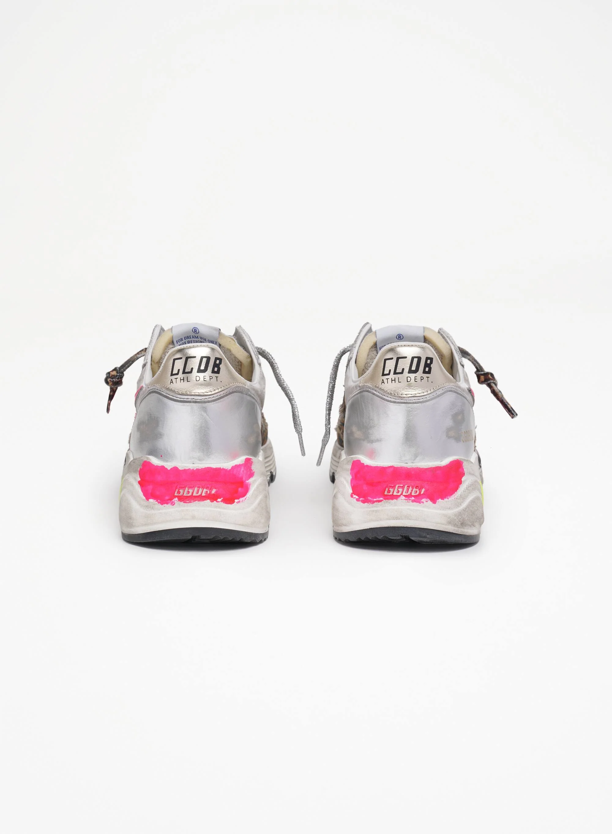 Women | Running Sole Sneakers Silver Leather & Leopard Print with Fluorescent Pink Star | White x Brown Black Leo x Fluo Fuxia x Silver x Platinum - Image 4